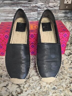 Tory Burch Black Leather Perforated Logo Espadrille Slip-On